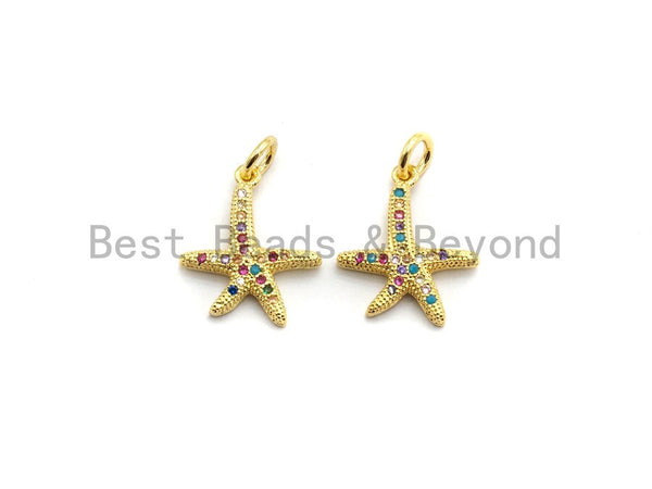 CZ Colorful Micro Pave Starfish Pendant, Starfish ar Shaped Pave Pendant, Gold plated, 13x15mm, Sku#F686