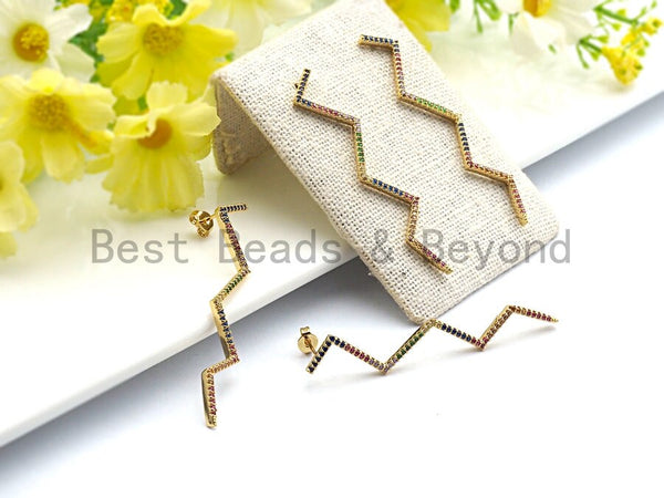 Colorful CZ Micro Pave Long Wavy Line Stud Earring ,Gold plated Pave Earrings, Minimal Earring, 2x57mm,sku#J99