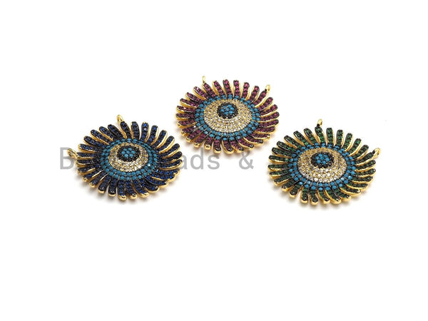 CZ Micro Pave Cobalt/Fuchsia/Green Sunflower Pendant, CZ Pave Focal Pendant, Gumental plated,28mm, sku#F653