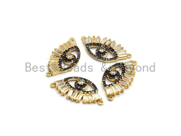Multi-Color CZ Micro Pave Long eyelash Evil Eye Connector, Rainbow CZ Micro Pave Evil Eye Necklace Connector, Gold plated, 14x27mm,,sku#F658