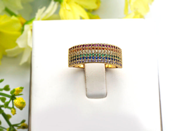 Colorful CZ Micro Pave Ring, Rainbow Cubic Zirconia Gold Ring, Adjustable Ring, 8x21x17mm,sku#X16