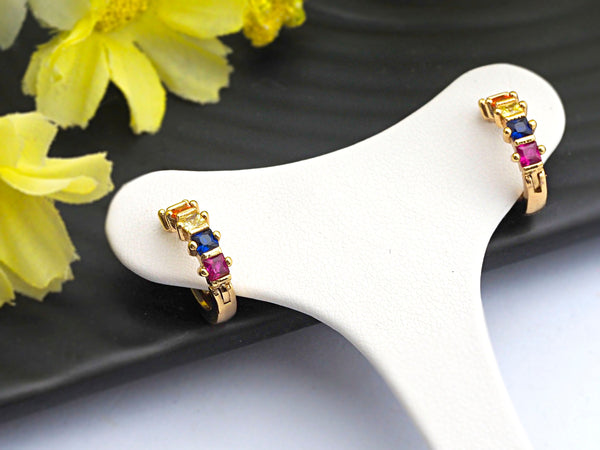 Baguette CZ Micro Pave Rainbow Huggie Earring, Gold Hoops earrings, Huggies Earrings,Minimal earrings,4x13mm,sku#J122