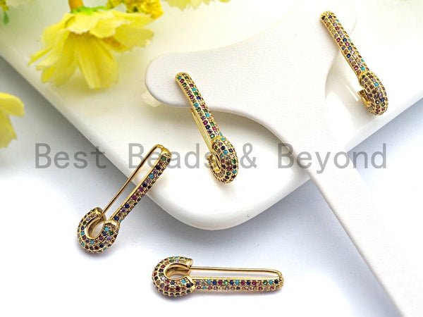 Colorful CZ Micro Pave Rainbow Safety Pin Earring, Gold earrings, Fish hook Earrings,4x30mm,sku#J123 Bestbeadsbeyond