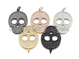 CZ Clear/Black Micro Pave Skull Pendant, CZ Pave Pendant, Gold/Rose Gold/Silver/Gunmetal plated, Halloween Pave, 35x50mm, Sku#F785