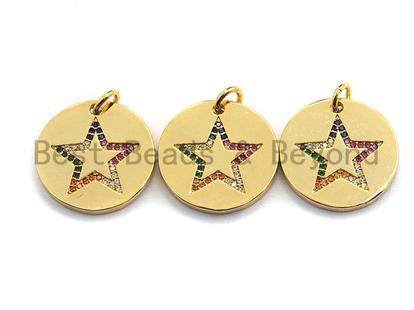 CZ Colorful Micro Pave Round Gold With Five Star Pendant, Coin Shaped Pave Pendant, Gold plated, 21x21mm, Sku#F869