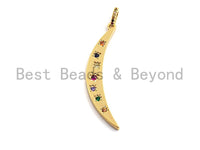 CZ Colorful Micro Pave Flat Crescent Moon Gold Pendant, Moon Shaped Pave Pendant, Gold plated, 7x49mm, Sku#F874