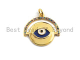 Colorful CZ Micro Pave Round With Cobalt Evil Eye Charm Pendant, Round Coin Shaped Pave Pendant, Gold plated, 22x22mm, Sku#F901