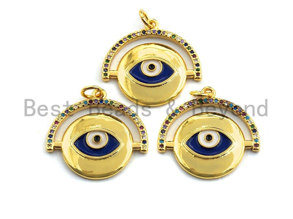 Colorful CZ Micro Pave Round With Cobalt Evil Eye Charm Pendant, Round Coin Shaped Pave Pendant, Gold plated, 22x22mm, Sku#F901