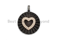 Large Pleat Round With CZ Micro Pave Heart Pendant, Cz Paved Charm/Focal Pendant, Necklace Charm Pendant, 35x38mm,sku#F661