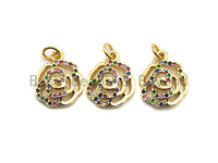 CZ Colorful Micro Pave Rose Flower Pendant, Rose Shaped Pave Pendant, Gold plated, 13x16mm, Sku#F839