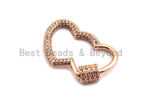 CZ Micro pave Double Heart with Cross Screw Clasp, CZ Pave Screw Lock, Gold/Silver/Rose Gold/Gunmetal Carabiner Clasp, 19x28mm, sku#H145