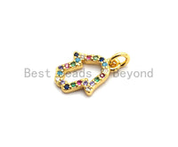 Cute CZ Colorful Micro Pave Hollow Hamsa Hand Pendant, Hamsa Hand Shaped Pave Pendant, Gold plated, 9x12mm, Sku#F733
