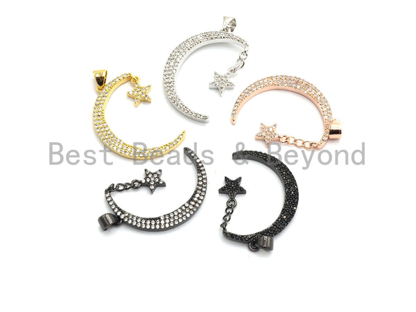 CZ Micro Pave Crescent Moon and Star Pendant ,Gold/Silver/Black/Rose Gold ,Cubic Zirconia Jewelry Findings,19x29mm,sku#F645