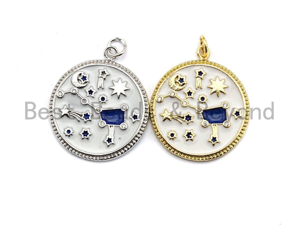 White Enamel Blue Big Dipper Moon Star Charms Pendant, Enamel Pendant,Round Enamel, Oil Drop jewelry Findings, 24x28mm,sku#Z366