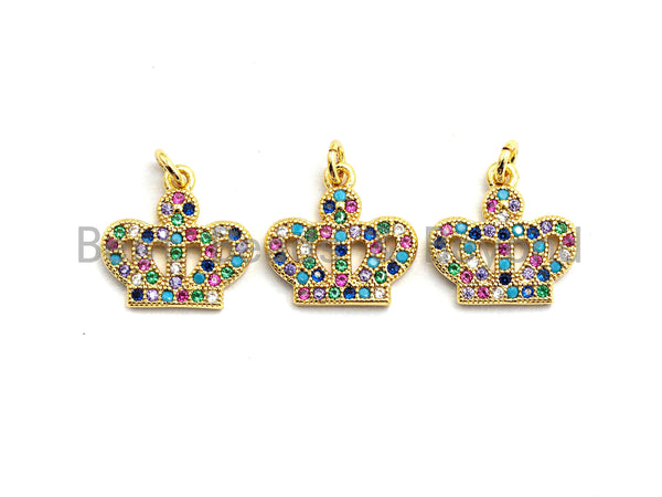 CZ Colorful Micro Pave Crown Pendant, Crown Shaped Pave Pendant, Gold plated, 15x13mm, Sku#F752