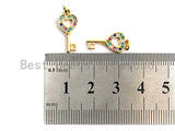 CZ Colorful Micro Pave Heart Shape Key Charm Pendant, Key Shaped Pave Pendant, Gold plated, 8x18mm, Sku#F761