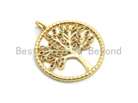 CZ Colorful Micro Pave Round  Gold Tree Pendant, Tree Shaped Pave Pendant, Gold plated, 28x30mm, sku#F819
