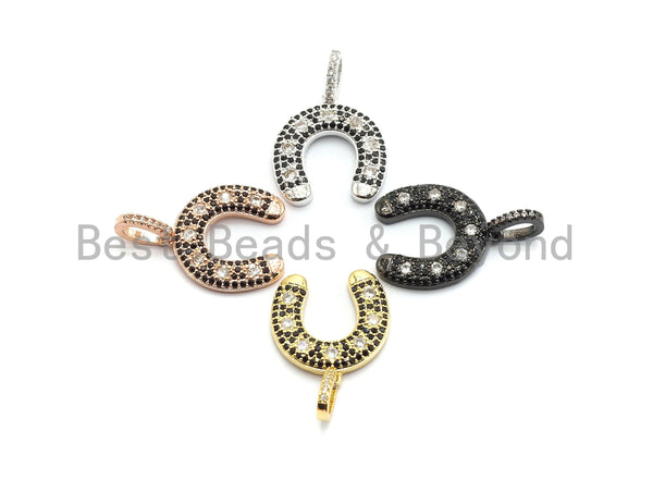CZ Black/Clear Dual Color CZ Micro Pave Horse Shoe Pendant, Cubic Zirconia Rose Gold/Silver/Black Charm, 17x19mm,sku#F693