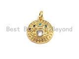 CZ Colorful Micro Pave Round  Gold With Evil Eye Coin Pendant, Coin Shaped Pave Pendant, Gold plated, 15x17mm, Sku#F866