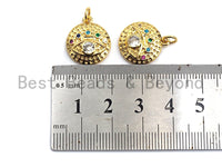 CZ Colorful Micro Pave Round  Gold With Evil Eye Coin Pendant, Coin Shaped Pave Pendant, Gold plated, 15x17mm, Sku#F866