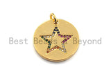 CZ Colorful Micro Pave Round Gold With Five Star Pendant, Coin Shaped Pave Pendant, Gold plated, 21x21mm, Sku#F869