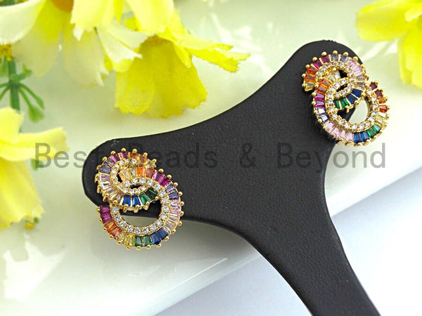 Colorful CZ Micro Pave Baguette Stud Earring, Rainbow Double C Shape Earrings, Double Ring micro pave earrings,25x35mm,sku#J132