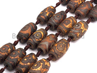 1pc/11pc Natural Etched Tibetan Agate Barrel Beads, Ancient Brown Dzi Drum Beads, Tibetan Dzi Beads, 15x25mm, sku#U512