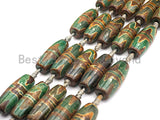 1pc/10pcs Natural Tibetan Agate Beads, Green Yellow Tibetan Long Oval Shape Beads, Dzi Agate Beads, 12x30mm, sku#U542