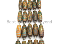 1pc/10pcs Natural Tibetan Agate Beads, Yellow Green Tibetan Long Oval Shape Beads, Dzi Agate Beads, 12x30mm, sku#U543