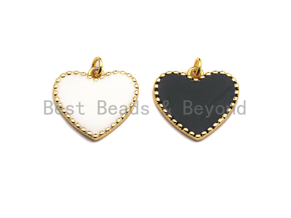 Black White Enamel Heart Pendant with Gold Finish, Black Enamel Heart, White Enamel Heart, Heart charm,19x18mm sku#Z403