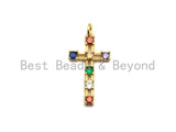 Colorful CZ Micro Pave Cross Pendant, Cz Pave Bracelet Necklace Pendant in Gold Finish,27x15mm, sku#F906