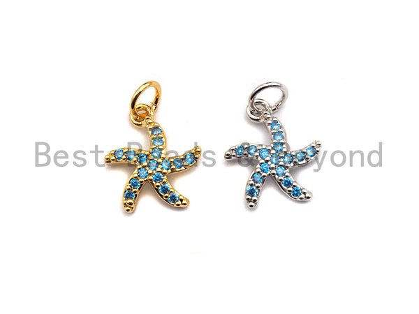 Turquoise CZ Micro Pave Starfish Shape Pendant,Cubic Zirconia Charm/Pendant, Gold/Silver Tone,11x13mm,sku#Y227