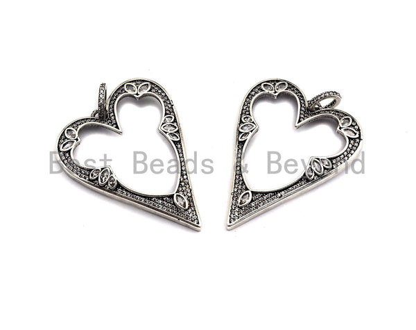 CZ Micro Pave Heart Hollow Out Pendant, Antique Silver Tone, Clear Cubic Zirconia Big Pave Heart Charm Pendant,35x46mm,sku#F1000