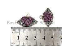 CZ Micro Pave Lip With Fuchsia Heart Pendant, Antique Silver Tone, Clear Cz Big Pave Lip Charm Pendant, 26x15mm,sku#F1012