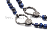 Blue Tiger Eye Attachment Necklace with Large CZ Pave Gunmetal clasp, 18" long, 8mm/10mm beads size, sku#D39