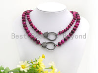 PINK Tiger eye Attachment Necklace with Large CZ Pave Gunmetal clasp, 16"/18" long, sku#D40