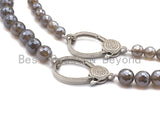 Gray Agate Attachment Necklace with Large CZ Pave Silver clasp, 18" long, 8mm/10mm beads size, sku#D42