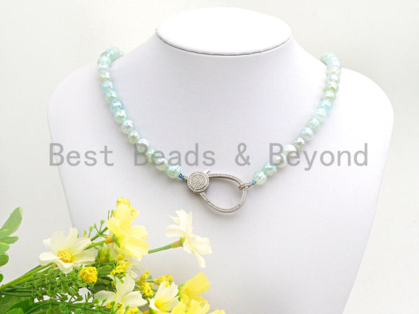 Aqua Blue Agate Attachment Necklace with Large CZ Pave Silver clasp, Pave Diamond Beaded Choker, 18" long, 8mm/10mm beads size, sku#D44
