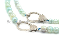 Aqua Blue Agate Attachment Necklace with Large CZ Pave Silver clasp, Pave Diamond Beaded Choker, 18" long, 8mm/10mm beads size, sku#D44