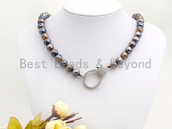 Plated Brown Tiger Eye Attachment Necklace with Large CZ Pave Silver clasp, 18" long, 8mm/10mm beads size, sku#D46