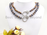 Plated Brown Tiger Eye Attachment Necklace with Large CZ Pave Silver clasp, 18" long, 8mm/10mm beads size, sku#D46