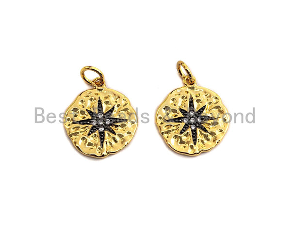 Clear Black CZ Micro Pave Starburst Hammered Gold Pendant/Charm,Star Cubic Zirconia Pendant, 24K Gold Tone,15x17mm,Sku#Z446 BestbeadsbeyondUS