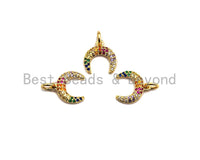 Colorful CZ Micro Pave Double Horn Pendant, CZ Pave Large Moon Pendant, Gold Tone,11x12mm,sku#Z488