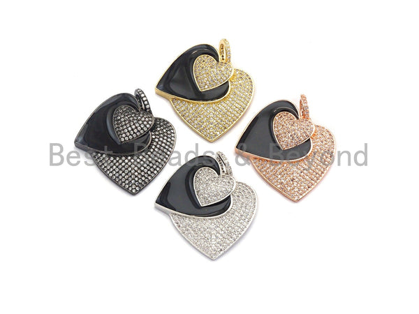 Micro Pave CZ Enamel Three Heart Pendant,Black Enamel Pendant,Enamel Heart Pendant, Oil Drop jewelry Findings,27x29mm,sku#F931