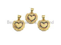 CZ Colorful Micro Pave Lace Heart Gold Pendant, Heart Shaped Pave Pendant, Gold plated, 14x15mm, Sku#F949