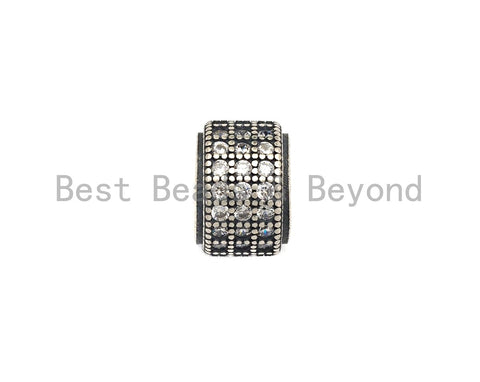 Antique Silver CZ Large Hole Cylinder/Drum Barrel Micro Pave Beads, Cubic Zirconia Big Hole Spacer in oxidized silver, 7x9mm,sku#X125