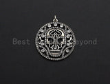 CZ Micro Pave Hollow Out Skull With Ring Pendant, Antique Silver Tone, Cubic Zirconia Pave Round Pendant, 29x32mm,sku#F1025