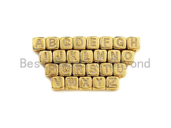 8.5mm Gold/Rose Gold/Silver Alphabet CZ Micro Pave Large Hole Spacer Beads, Cubic Zirconia Cube Letter Beads, Initial Letter Beads, sku#Z702