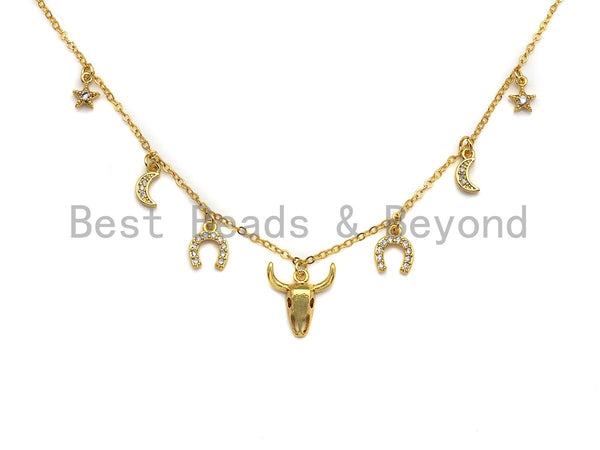 Dainty Gold Moon Star Layering Necklace, Bull OX Head Necklace, Lucky Horse Shoe Charm Layering Necklace, Choker Necklace, Sku#Z704