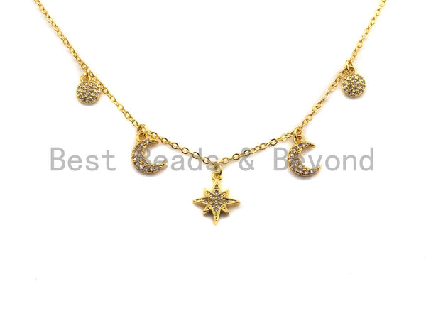 Gold Moon Star Coin Charm Necklace, Pave Charm Necklace, Layering Necklace, Gold Charm Jewelry, sku#Z708